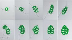 several images of green beads arranged in the shape of leaves, with white letters on them