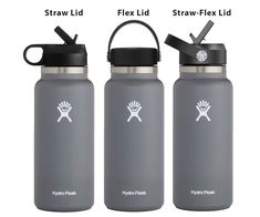 three hydro flask water bottles are shown with their lids open and the handles closed