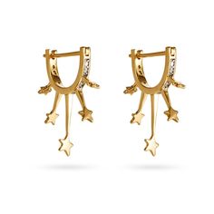 Elevate your style with the Cosmic Feelings Earrings from OneWildOne. Crafted from premium 925 sterling silver and adorned with exquisite 14k gold plating, these earrings feature delicate shooting star accents that add a touch of celestial charm. The hinged post closure ensures both comfort and security. At OneWildOne, we blend quality craftsmanship with timeless design, delivering jewellery that not only looks stunning but also resonates with your unique sense of style. 925 Sterling Silver + 14K Gold Plated Cosmic Feelings, Celestial Star-shaped Gold Huggie Earrings, Celestial Star-shaped Hoop Earrings, Luxury Celestial Star Charm Earrings, Celestial Star-shaped Hypoallergenic Earrings, Celestial 14k Gold-filled Earrings, Zodiac Gifts, Artisan Gift, Zodiac Jewelry