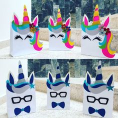 four different unicorn bags with glasses and bows on them, all decorated in rainbow colors