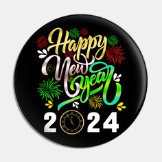 a happy new year badge with fireworks and the words'happy new year'on it