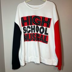 Brand New Without Tags Authentic Disney Parks Merch! Disney Channel Original Movie, High School Musical Logo Pullover With Red And Black Accent Sleeves Show Your Wildcat Spirit With The Super Soft Pullover! Item Is Brand New Without Tags! Size:2xl Measurements Pit To Pit 28” Length 26&1/2” Sleeve Length From Top 32” Smoke Free Home Bundle 3+ Items And Save 10% Any Questions Ask!! White Oversized Sweatshirt With School Spirit, Oversized Winter School Tops, Fun Red Tops For Fall, Oversized Winter Tops For School, Hip Hop Style Slogan Tops For Fall, Character Print Crew Neck Top For College, White Tops For School In Fall, White Oversized Tops For School Spirit, Sporty Long Sleeve Tops With Character Print