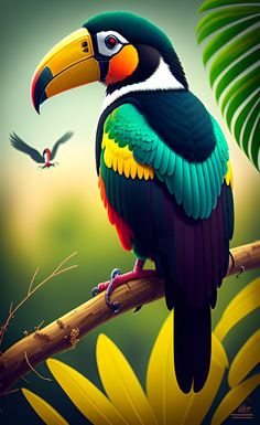 a colorful bird sitting on top of a tree branch next to a green leafy plant