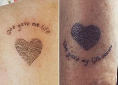 two different tattoos with words and hearts on the back of their arms, one has a finger print that says'we gave me life i love my husband '