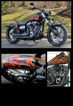 three different pictures of a motorcycle with flames on the front and back sides, including an orange flame