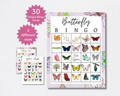 the butterfly bingo game is shown with butterflies on it and two different designs for each card