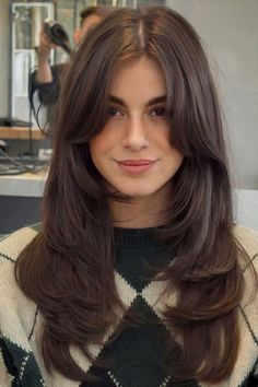 Front Face Haircut, Tri Layers Haircut, Face Framing For Oval Faces, Front Long Layers Face Framing, Middle Part Hair Women, Brown Hair With Face Framing Layers, Layer Cuts For Long Hair, Long Brown Hair With Face Framing, Face Layering Haircut