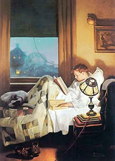 a painting of a man laying in bed reading a book next to a lamp on a table