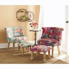 two colorful chairs and a foot stool in a room