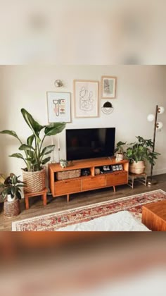 a living room filled with lots of furniture and plants on top of a wooden table