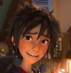 an animated character with black hair and red shirt smiling at the camera in front of a table