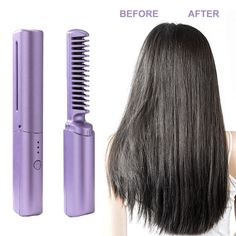 Features: 1. Composition material: The comb is made of ABS material, has three temperature adjustments, and contains a hair care ceramic coating.   2. Uniform heating: This straightening brush ensures that all hair is evenly heated and straightened.   3. Anti static negative ions: It can quickly heat up, evenly distribute heat, make hair smooth and shiny, and make hair full of vitality and elasticity.   4. Convenient to carry: This curly hair stick can be carried with you, and the cordless mini Hair Straightener Comb, Cordless Hair Straightener, Straightened Hair, Hot Comb, Mini Hair Straightener, Hair Smooth, Straightening Brush, Make Hair, Hair Stick