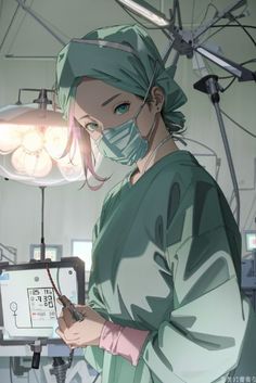 a woman in scrubs is looking at an electronic device