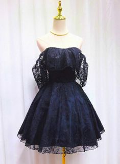 Blue Lace Off Shoulder Short Party Dress Outfits For Girls Navy A-line Evening Dress, Blue Lace Mini Dress For Prom, Blue Lace Dress For Prom Season, Royal Blue A-line Mini Dress For Party, Blue Lace Dress For Homecoming, Blue Lace Dress For Prom, Blue Lace Mini Dress For Homecoming, Navy Sleeveless Prom Dresses, Navy Party Dress With Ruffles