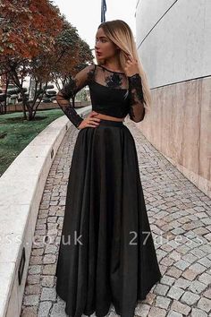 Shoes Pic, Prom Dresses Long Black, Black Lace Evening Dress, Evening Dress Floor Length, Long Sleeve Prom, Prom Dresses Two Piece, Black Dress Formal, Satin Long Sleeve, Black Prom Dress