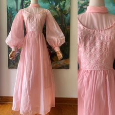 1960s  Pastel Pink Bishop Sleeve Brocade Maxi Dress  ↓ Measurements↓  Bust:  34"  Waist:  25"  Length:  57"    Closure: Back Metal Zipper Pockets: No Condition:  Fracture spot near hen on chiffon layer, two pulls on neck panel  Material:  Synthetic  Label:  None Item Number:  TPF-10,351 1960s Dress, Gogo Dress, Modest Wardrobe, 1960's Dress, Sixties Fashion, Bishop Sleeve, Rose Pastel, Dress Measurements, Gorgeous Gowns