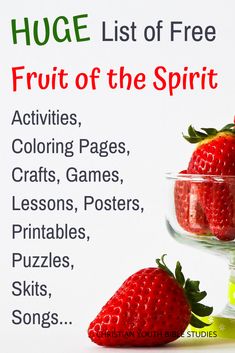 three strawberries in a glass bowl with the words fruit of the spirit written below