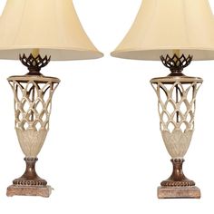 two lamps sitting next to each other on top of a table