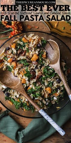 Fall pasta salad with cinnamon roasted butternut squash, candied bacon, dried cranberries, kale, pumpkin seeds, feta cheese and apple cider dressing.