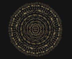 an abstract circular design with gold and black accents on a black background, in the center is