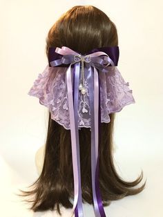 Welcome to LilyBlueUnicorn!  ❀ This listing is for one purple lace ribbon bow with a 10 cm French barrette hair clip. ❀ Lace bow (ribbon tails not included) measures around 28 x 17 cm / 11 x 6.7 inches when lying flat. ❀ Handmade and shipped from Macao via Air Mail ❀ Please note that all hair pieces are carefully handmade to order. All items will be made as similar to the display photo as possible but may vary slightly due to the handmade nature of the product. ❀ Please read my shop announcement, shipping policies and FAQs and make sure to check the estimated delivery date(s) to your country BEFORE placing an order. ❀ Please send me a message if you have any question. Purple Ribbon Hairstyle, Lace Hair Ribbon, Purple Coquette, Purple Hair Accessories Aesthetic, Purple Bow Hairstyle, Purple Hair Bow, Purple Accessories, Purple Bows, Purple Lace