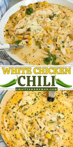 white chicken chili in a skillet with the title above it and an image of two images