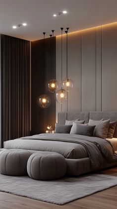 a large bed sitting in the middle of a bedroom next to a wall mounted light