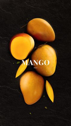 mangos are arranged on a black surface with the word mango written in white above them