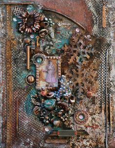 mixed media collage with altered images and buttons, including an image of a woman