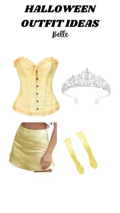 a woman wearing a yellow corset and matching headband with the words halloween outfit ideas