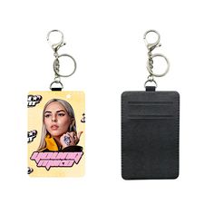 two keychains with an image of a woman on one side and a card holder attached to the other