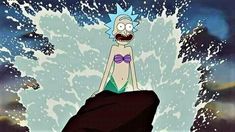 a cartoon character is sitting on top of a rock in front of a large wave