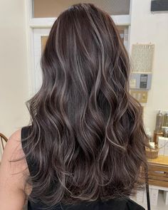 Balayage Hair Long Layers, Highlights For Light Brown Curly Hair, Cool Light Brown Highlights, Dark Brown With Ashy Highlights, Dark Hair Light Ends, Medium Dark Brown Hair With Highlights, Dark Roots Brown Hair Balayage, Brown Dimensional Balayage, Soft Dimensional Brunette