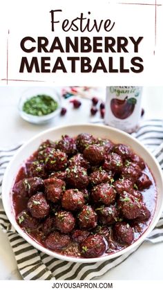 cranberry meatballs in a white bowl on a striped napkin with the title above it