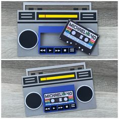 an old school cassette tape recorder is made out of cardboard and cut into smaller pieces