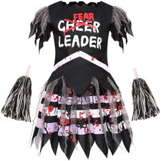 a women's cheerleader costume with black and white stripes, red letters on the chest