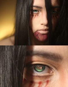 two pictures of the same woman's face with blood on her cheek and green eyes