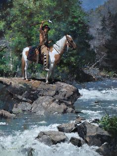 a painting of a native american man riding a horse across a river with rapids and trees in the background