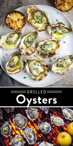 grilled oysters on the grill with lemon wedges