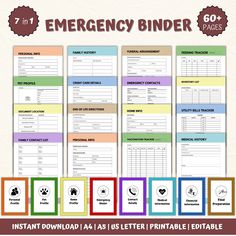 the emergency binder printable is shown in four different colors and sizes, with instructions for