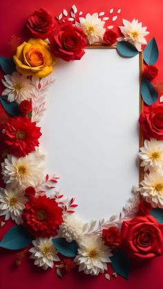 an empty paper surrounded by flowers on a red background