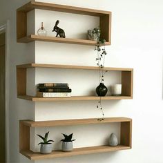 three wooden shelves with plants and vases on them against a white wall in a living room