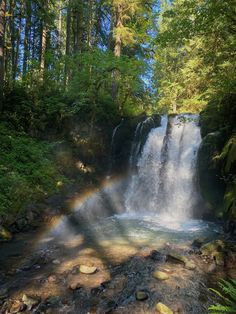 a waterfall with a rainbow in the middle of it and lots of trees around it