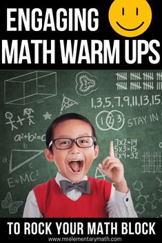 a young boy wearing glasses and a bow tie with the words engaging math warm ups to rock your math block