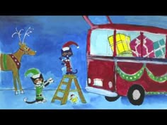 a painting of a red double decker bus with presents on it