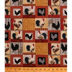 roosters and hens on red, orange, yellow and brown squares