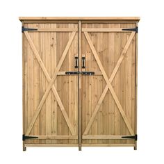 a wooden storage cabinet with two doors on the front and side, against a white background