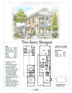 the two story shotgun is shown in this floor plan, which includes three bedroom and one bathroom