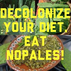 there is a plate with food on it and the words decolonize your diet eat nopales