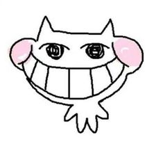 a drawing of a cat with big eyes and pink ears on it's head